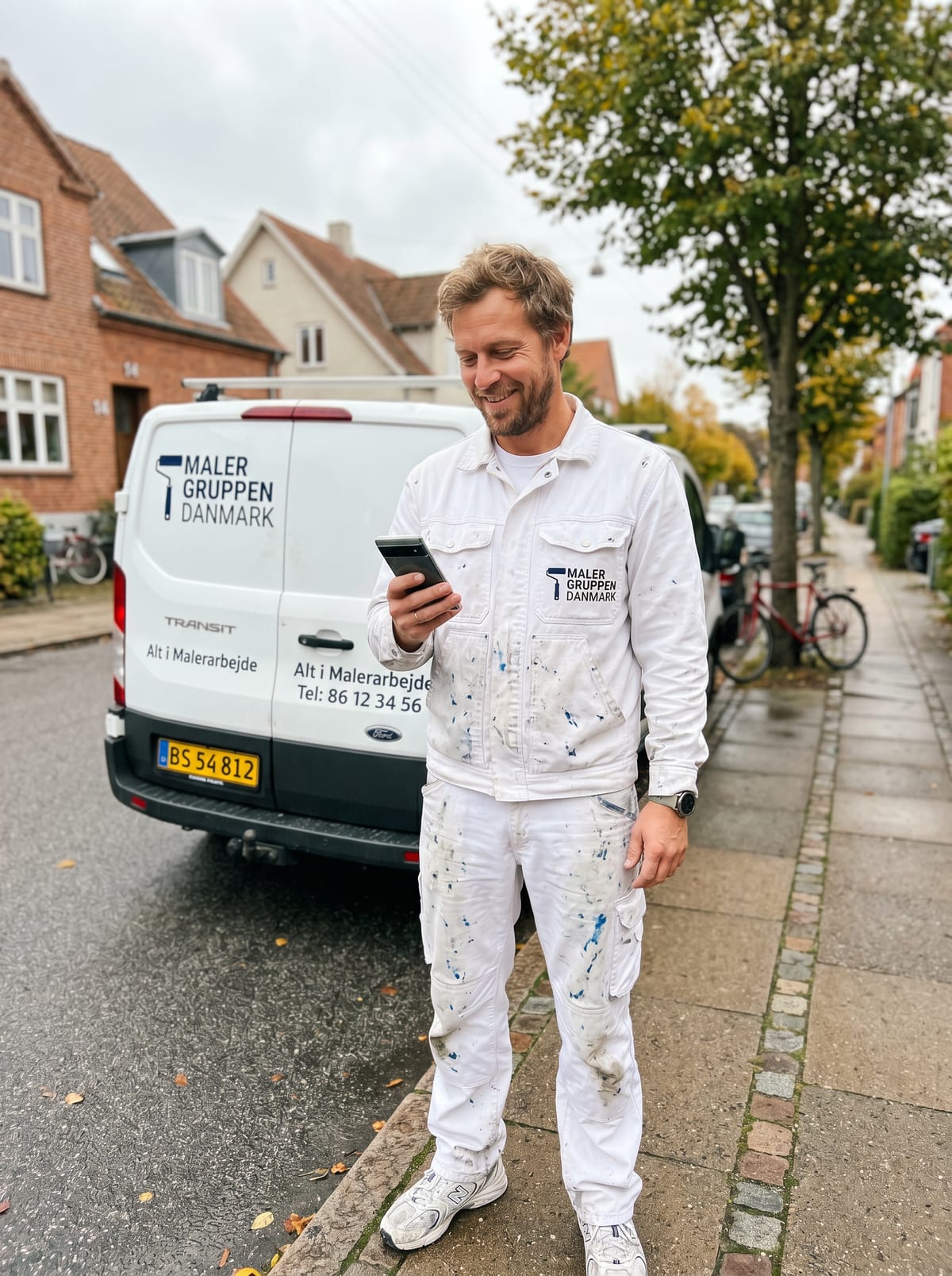 Kristian Møller fra Maler Gruppen Danmark kigger på Online Erhverv på sin telefon foran firmabilen