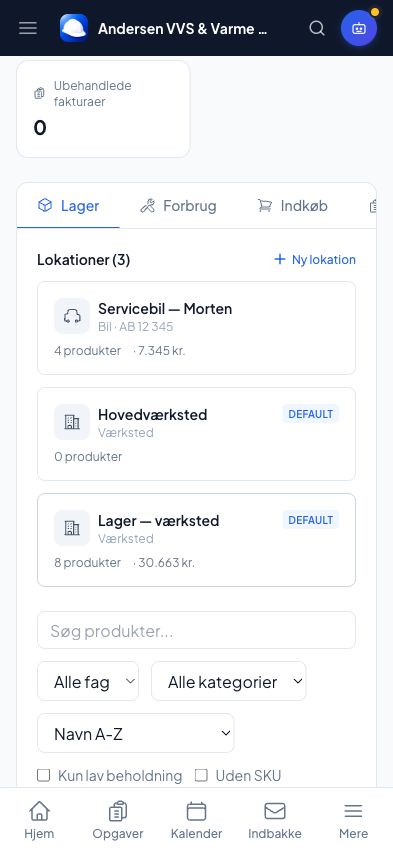 Lager fordelt på værksted og servicebiler i Online Erhverv
