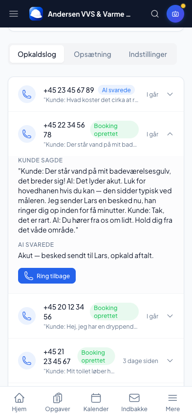 AI-telefonens opkaldslog med transskription af et akut opkald i Online Erhverv