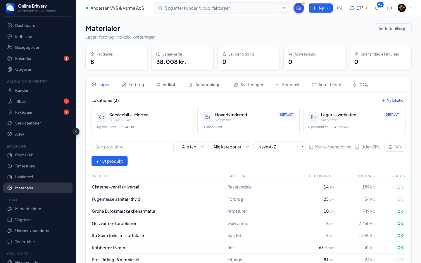 Materialer og lager i Online Erhverv
