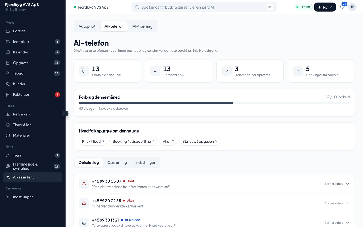 Opkaldslog fra AI-telefonen med resumé, akut-markering og bookinger
