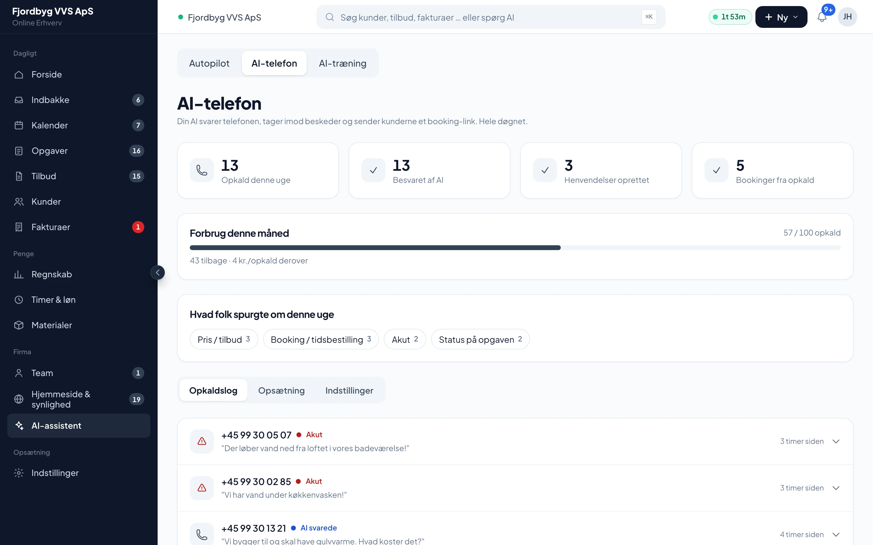 Opkaldslog fra AI-telefonen med resumé, akut-markering og bookinger