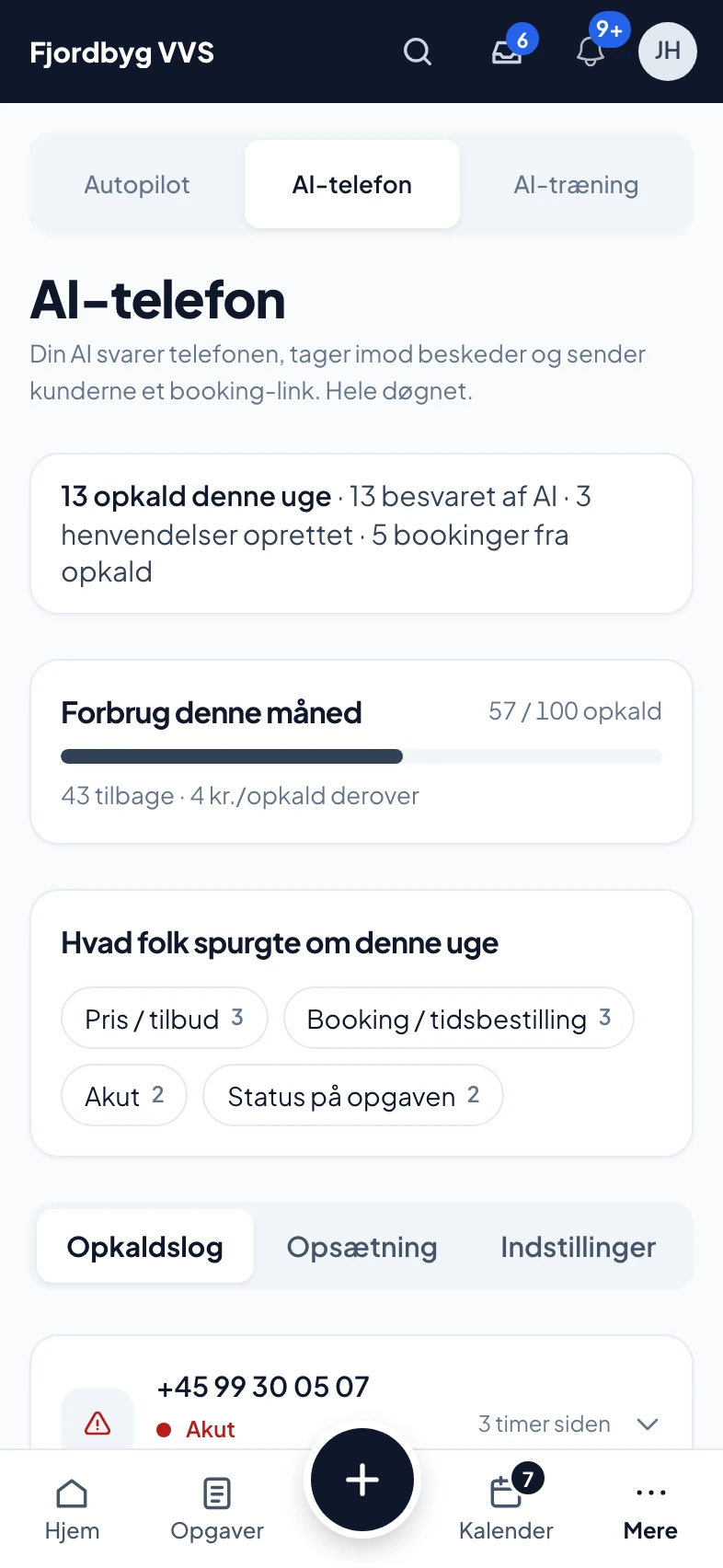 AI-telefonen: opkald denne uge, besvaret af AI og bookinger fra opkald