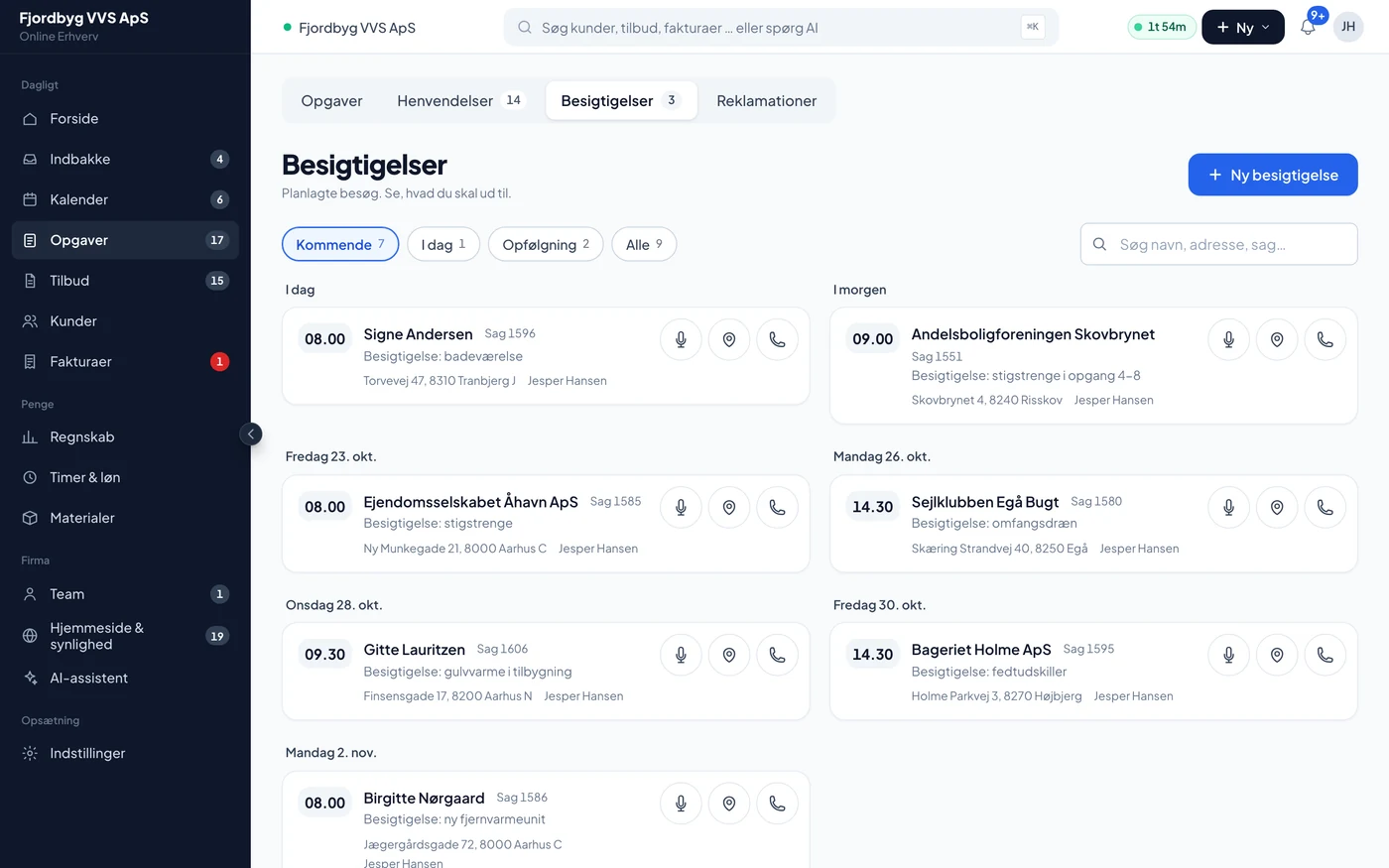 Liste over kommende besigtigelser