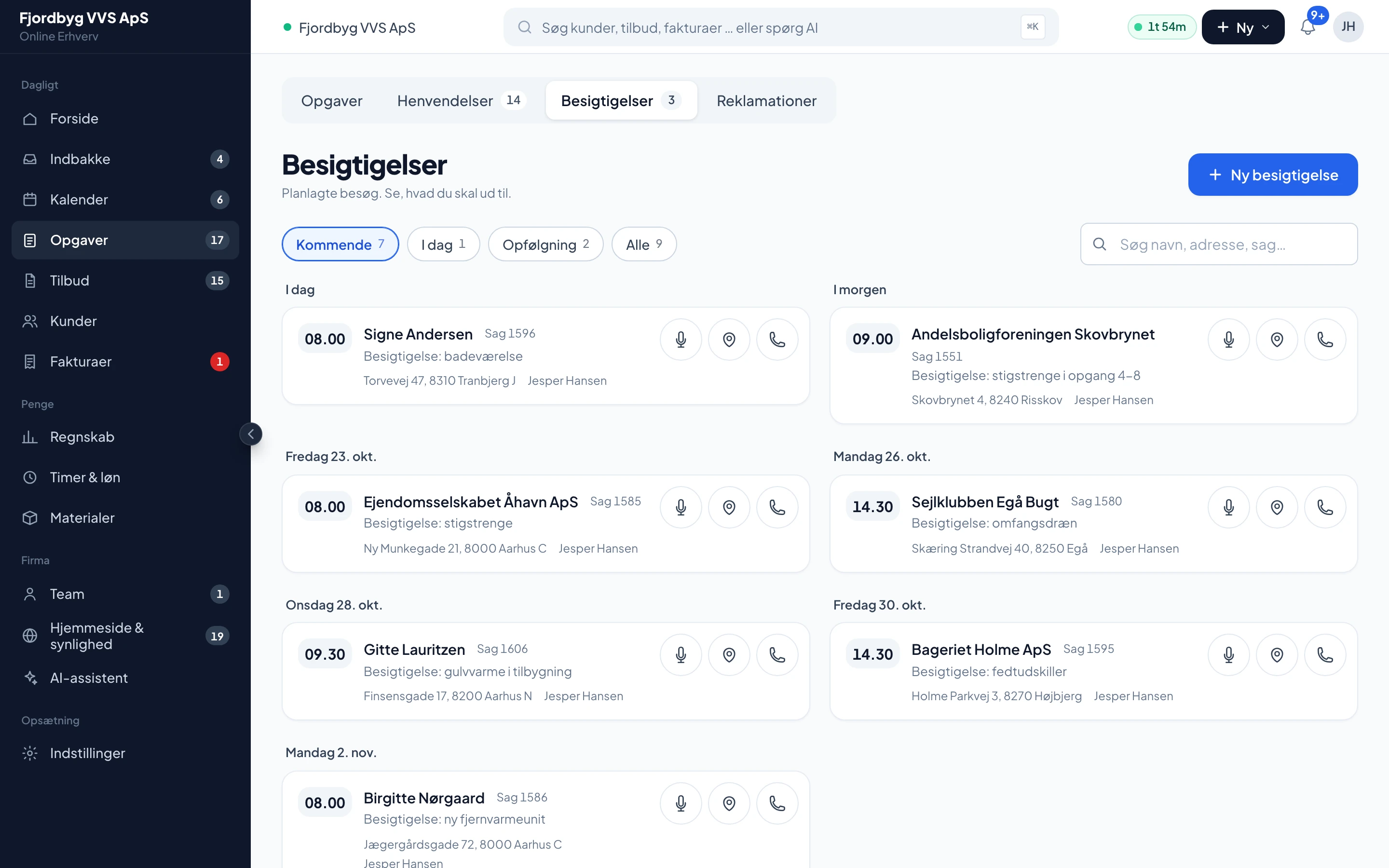 Liste over kommende besigtigelser