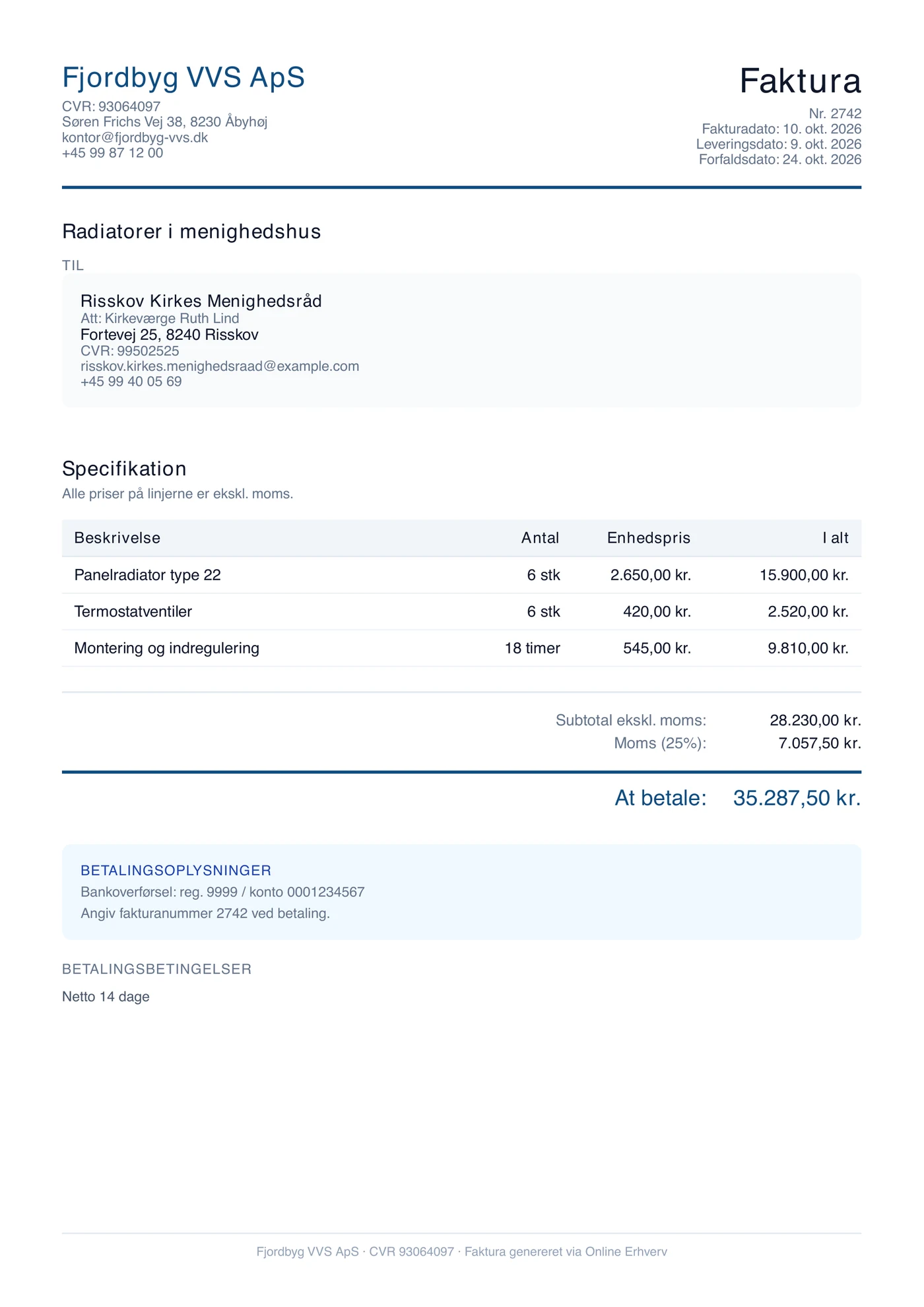 Faktura som PDF med firmaoplysninger, linjer, moms og betalingsoplysninger