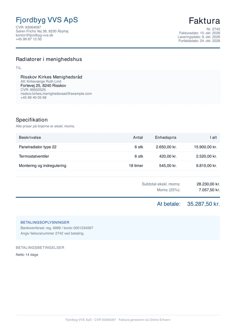 Faktura som PDF med firmaoplysninger, linjer, moms og betalingsoplysninger