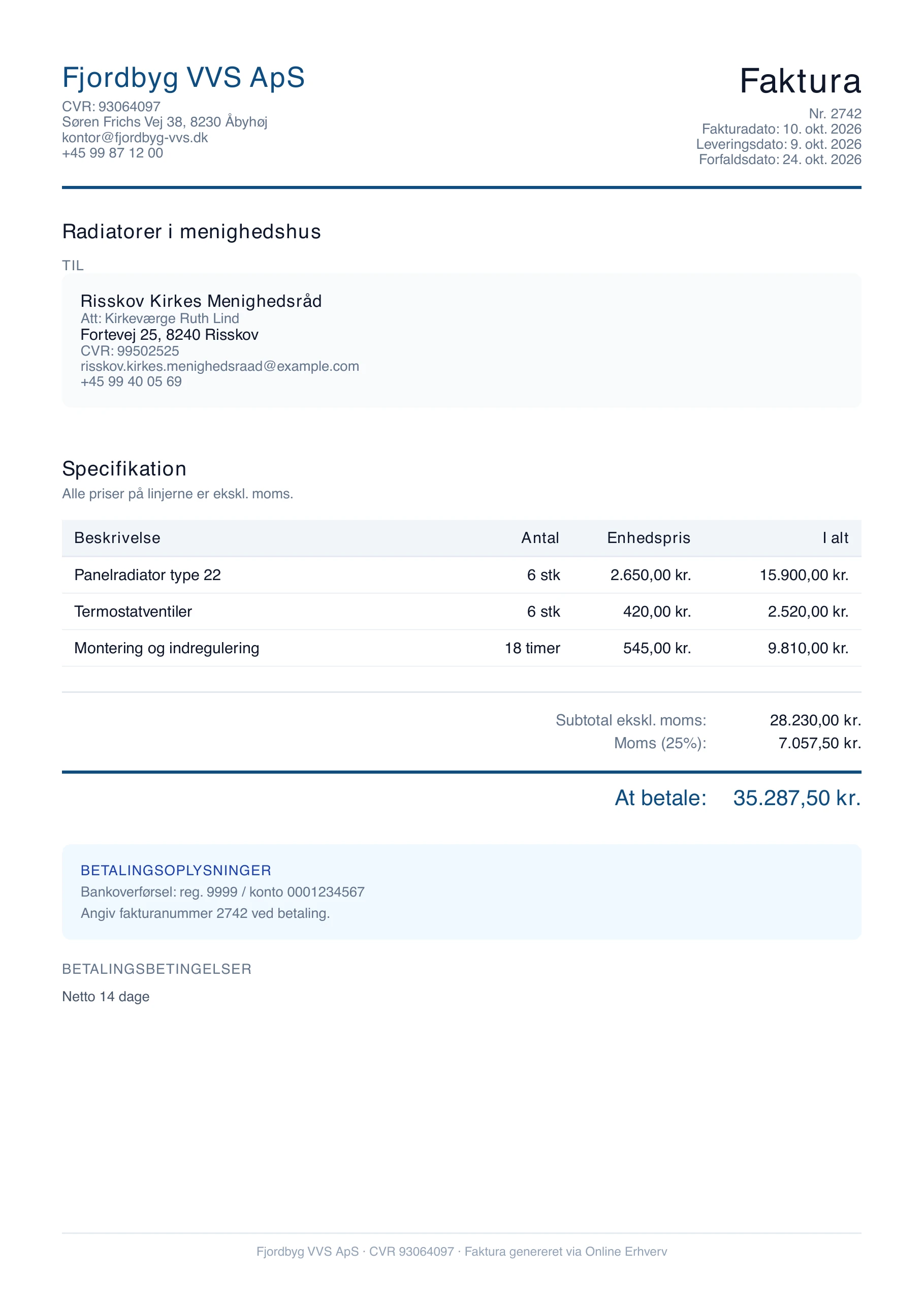 Faktura som PDF med firmaoplysninger, linjer, moms og betalingsoplysninger