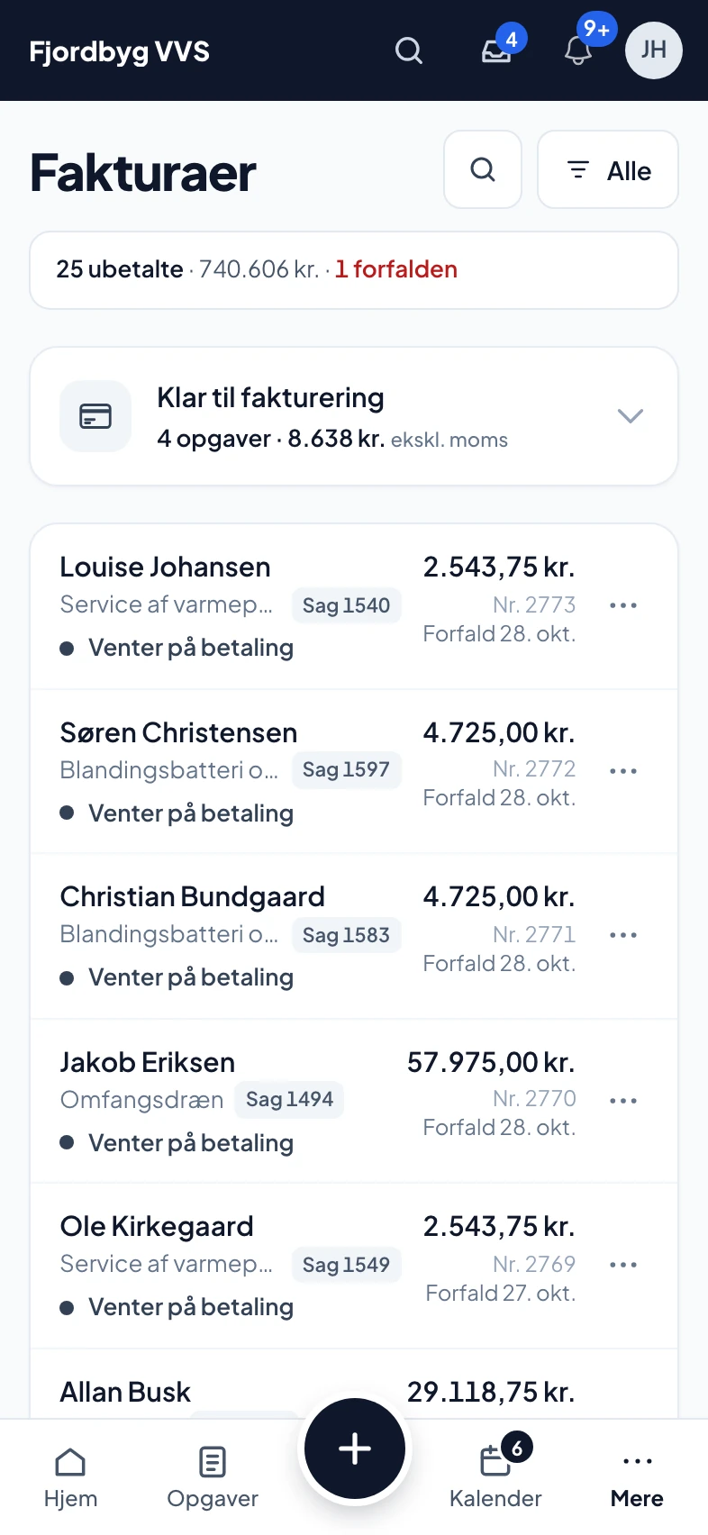Fakturaer i appen med status for betaling