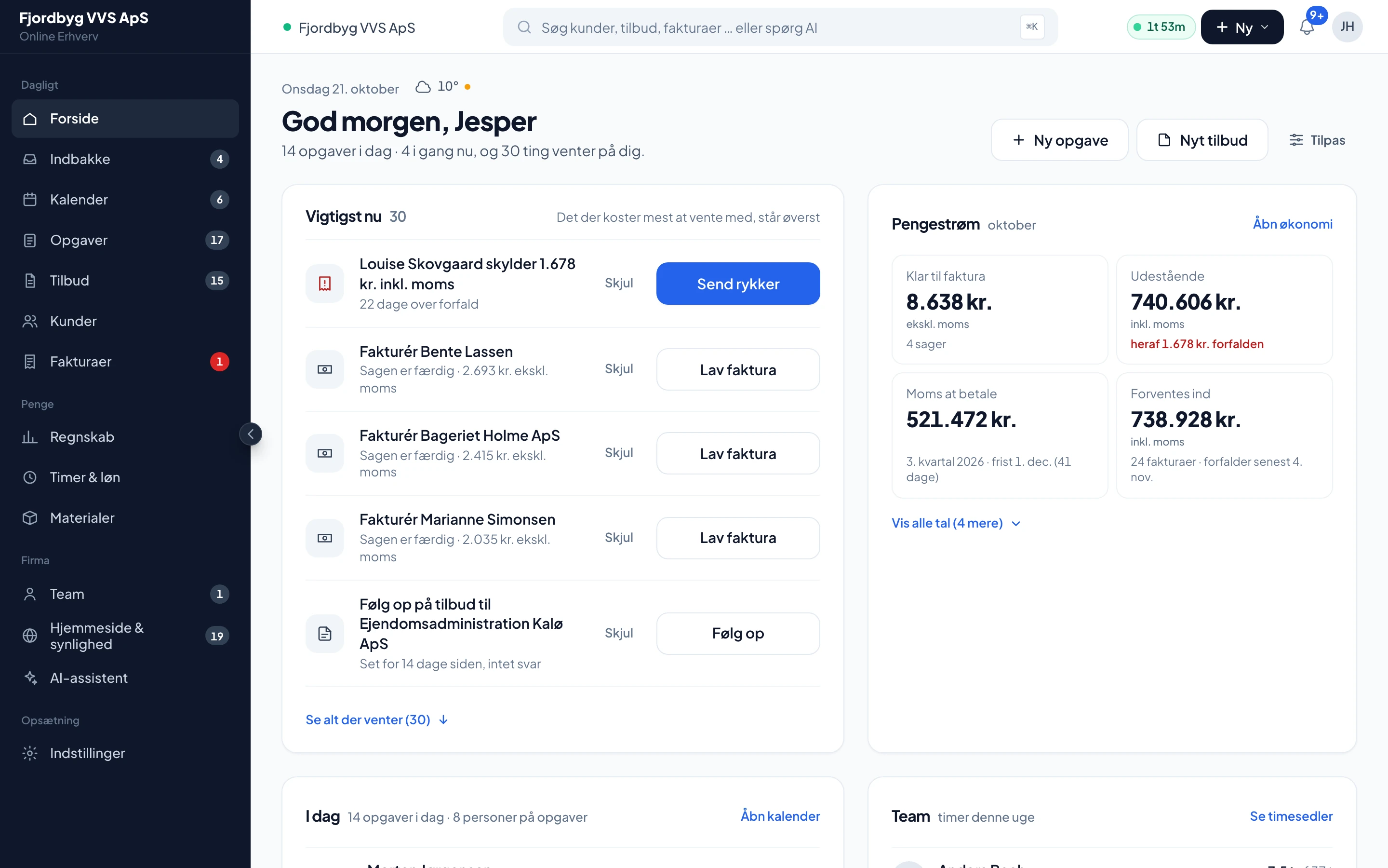 Forsiden i Online Erhverv med dagens opgaver, ting der venter på svar og pengestrømmen for et VVS-firma
