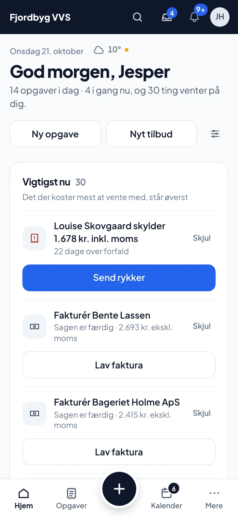 Forsiden i Online Erhverv med dagens opgaver, ting der venter på svar og pengestrømmen for et VVS-firma