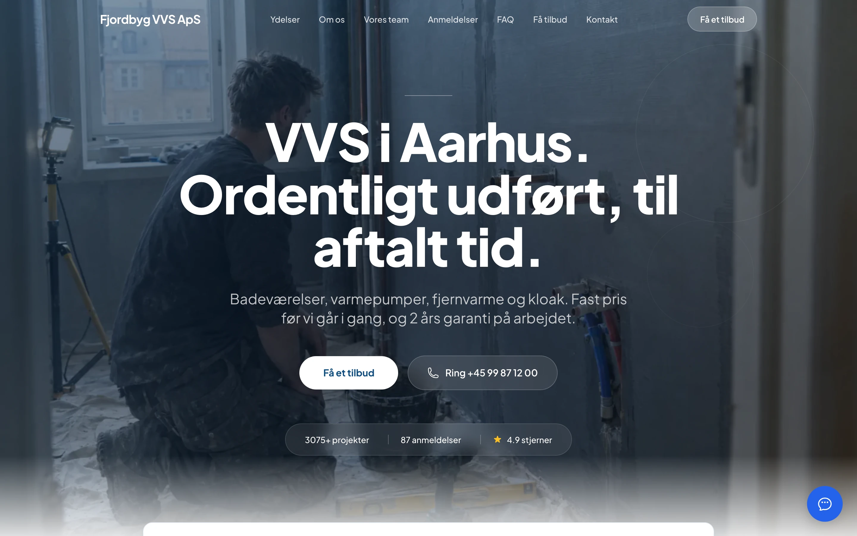 Hjemmeside for et VVS-firma med ydelser, anmeldelser og knap til tilbud