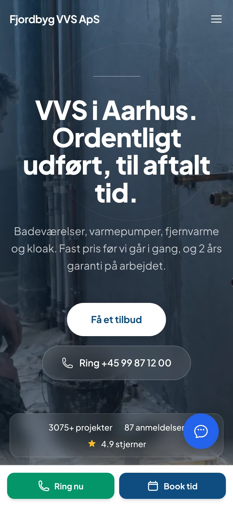 Hjemmeside for et VVS-firma med ydelser, anmeldelser og knap til tilbud