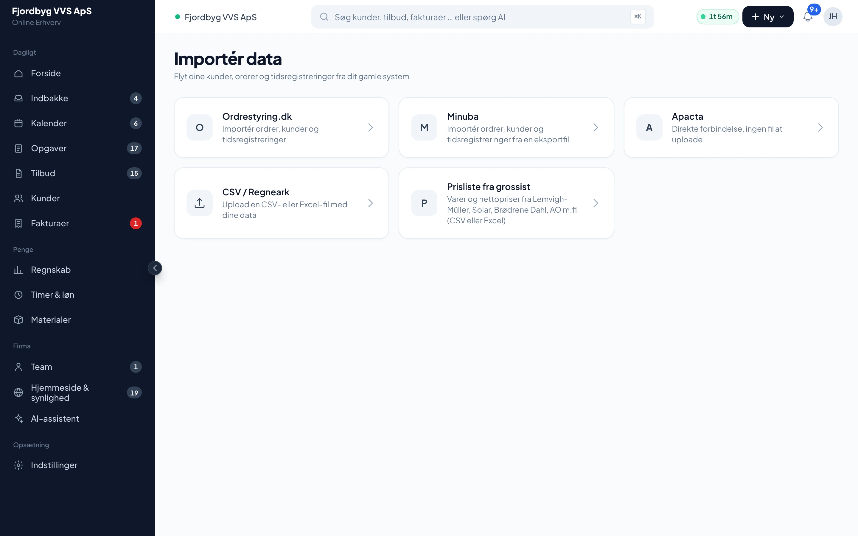 Import af data fra et andet system med valg af kilde og filer