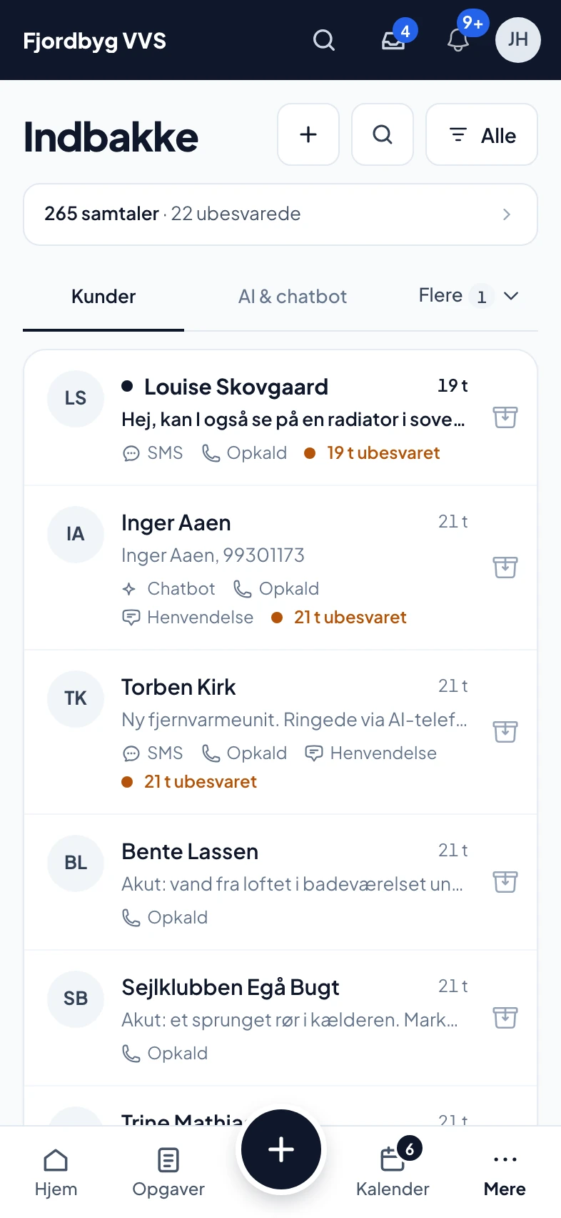 Samlet indbakke med sms, mail, chat og opkald samlet pr. kunde
