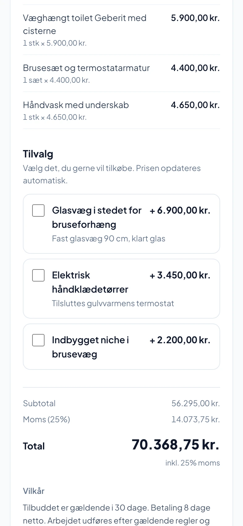 Bunden af kundens tilbud på mobilen med samlet pris og knap til at godkende