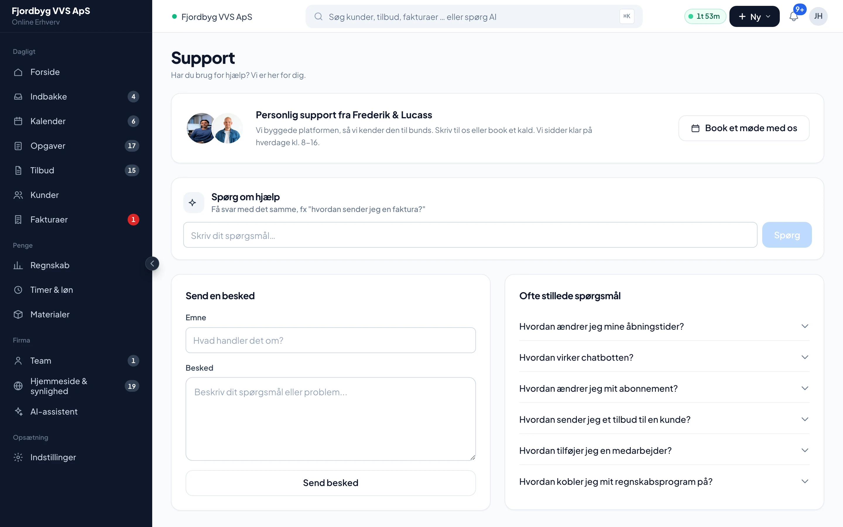Support-siden i appen med telefon, mail og et møde med Online Erhverv
