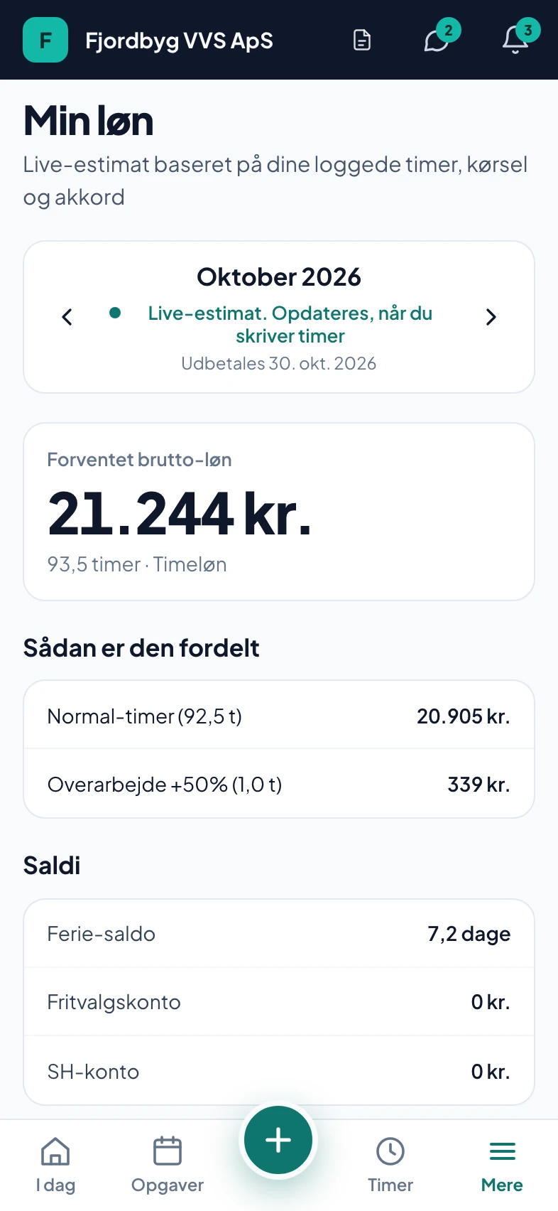 Min løn i svende-appen med timer og lønsedler