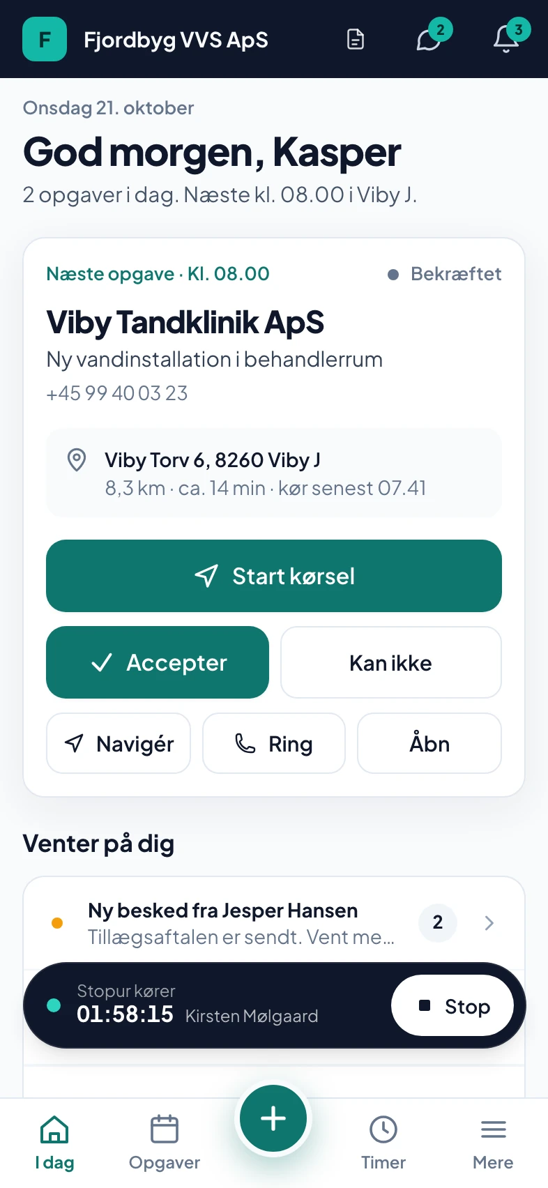 Svende-appen på mobilen med dagens næste opgave og knappen Start kørsel