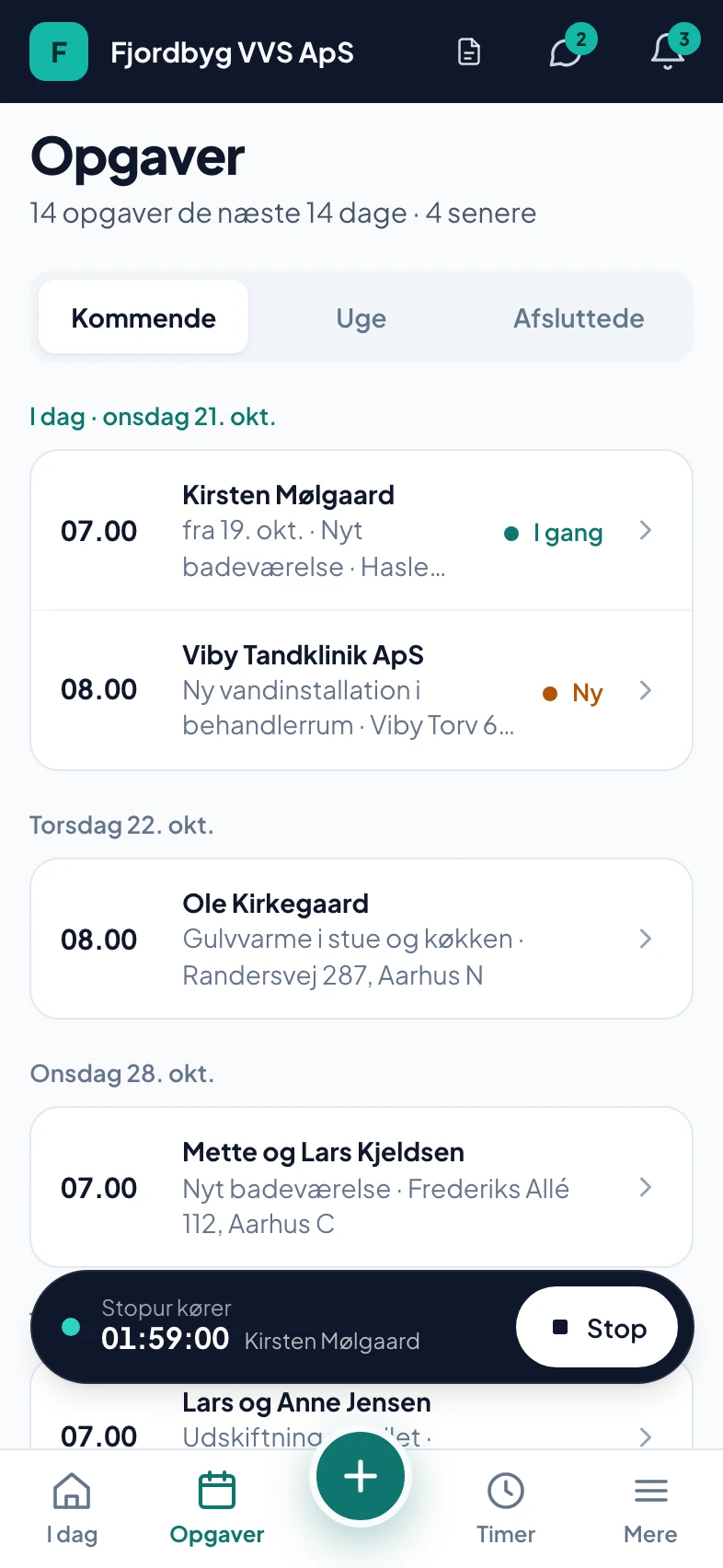 Svendens opgaver grupperet pr. dag