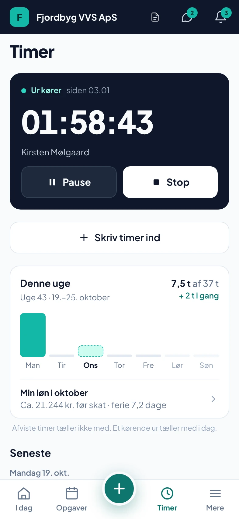 Svende-appen: timer for perioden fordelt på opgaver