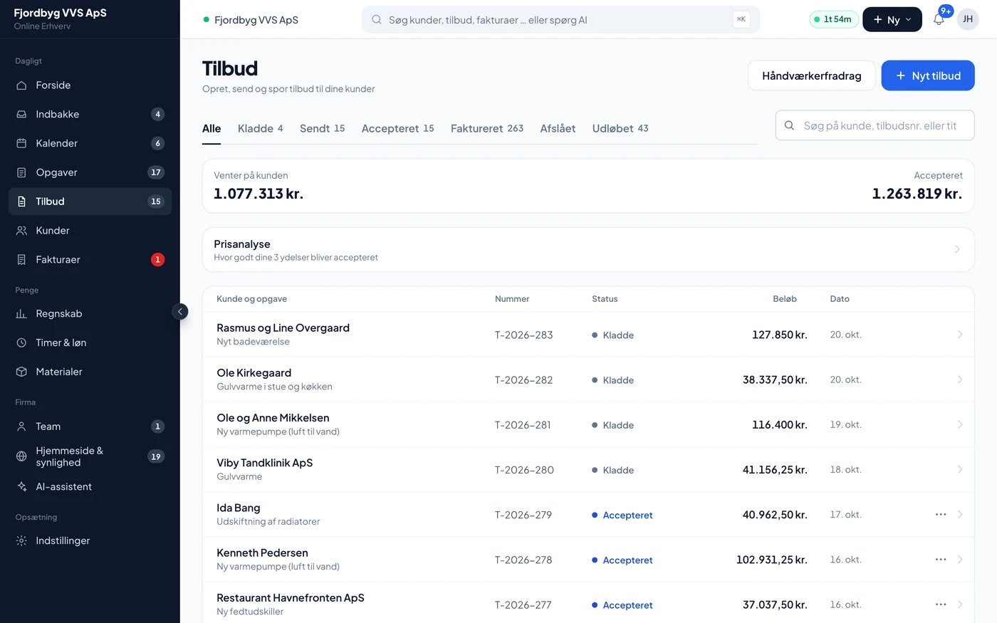 Liste over tilbud med status sendt, åbnet og accepteret