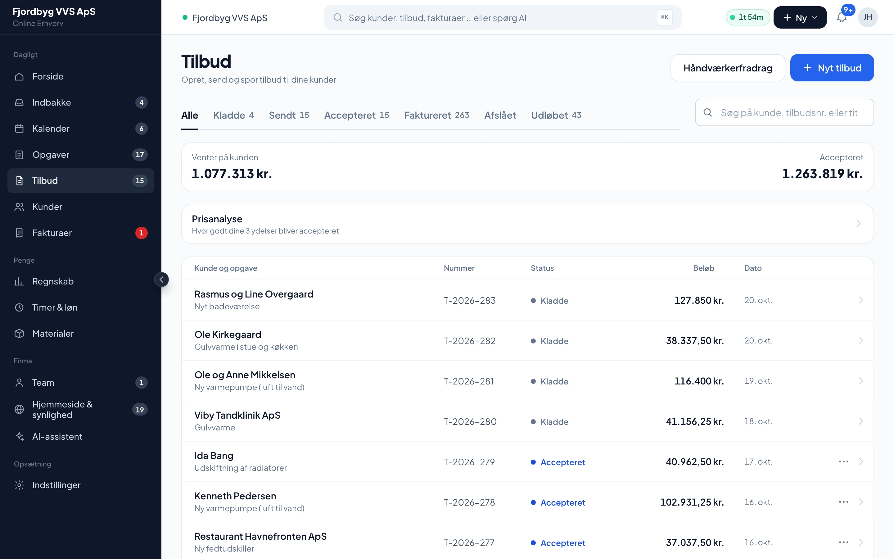 Liste over tilbud med status sendt, åbnet og accepteret