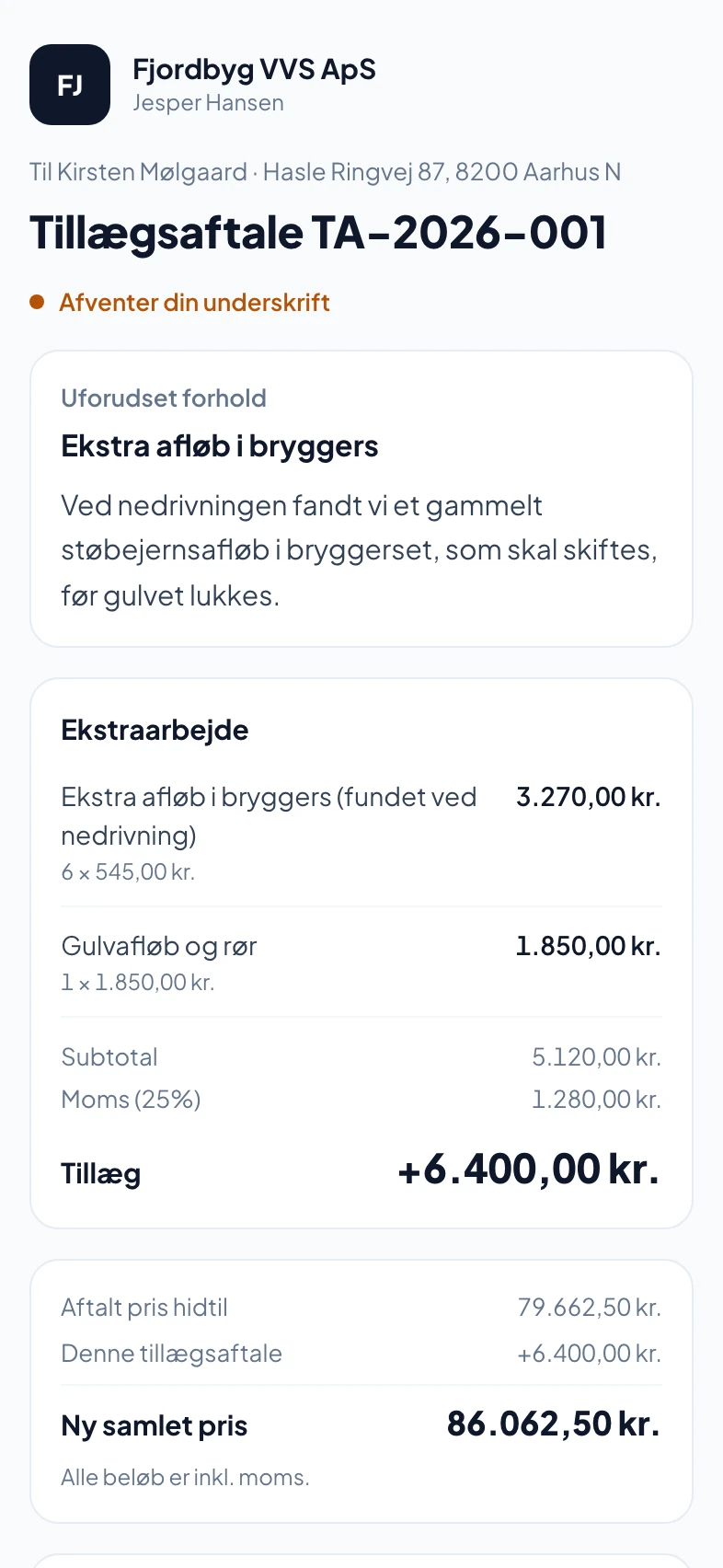 En tillægsaftale, som kunden ser den på mobilen, med beskrivelse, linjer og knap til underskrift
