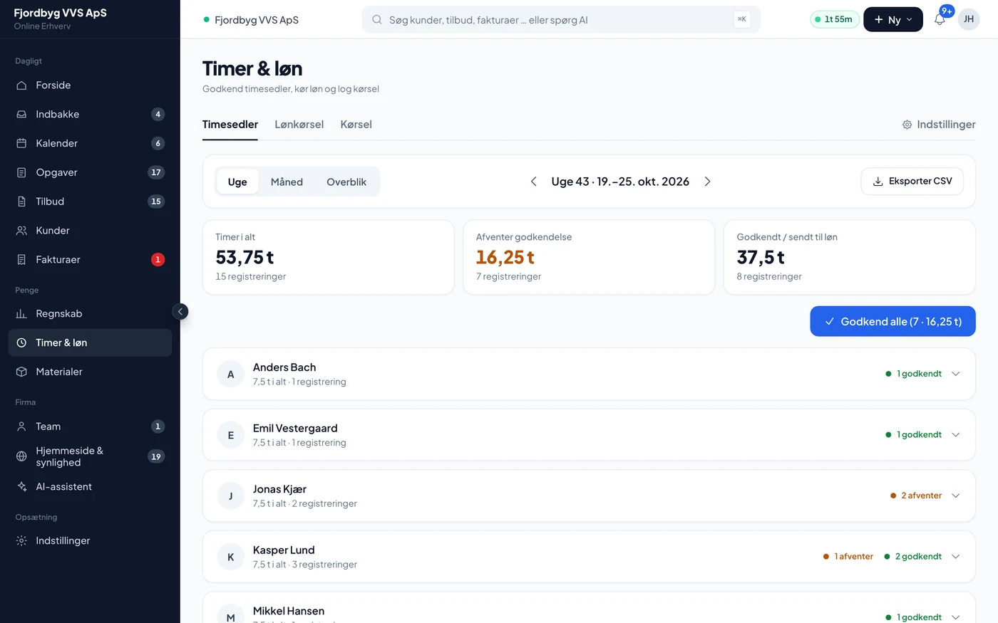 Timesedler med svendenes timer for ugen, klar til godkendelse