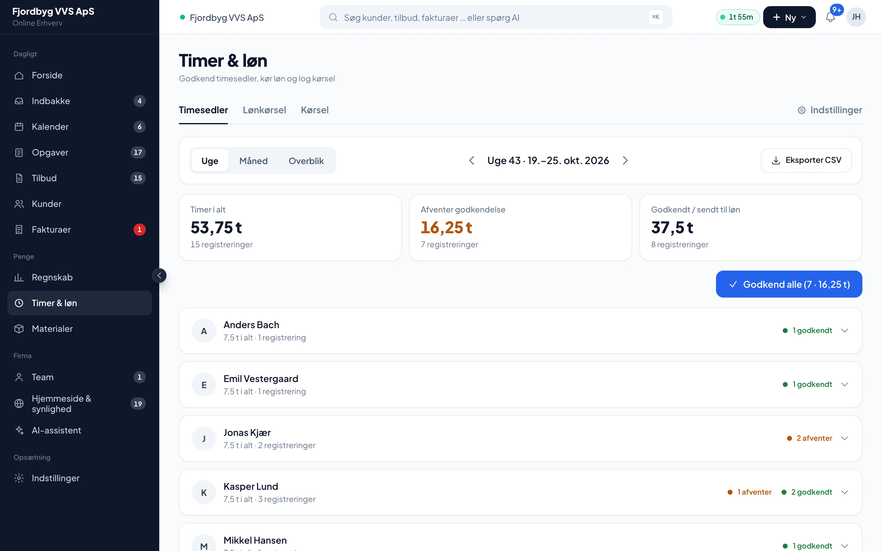 Timesedler med svendenes timer for ugen, klar til godkendelse